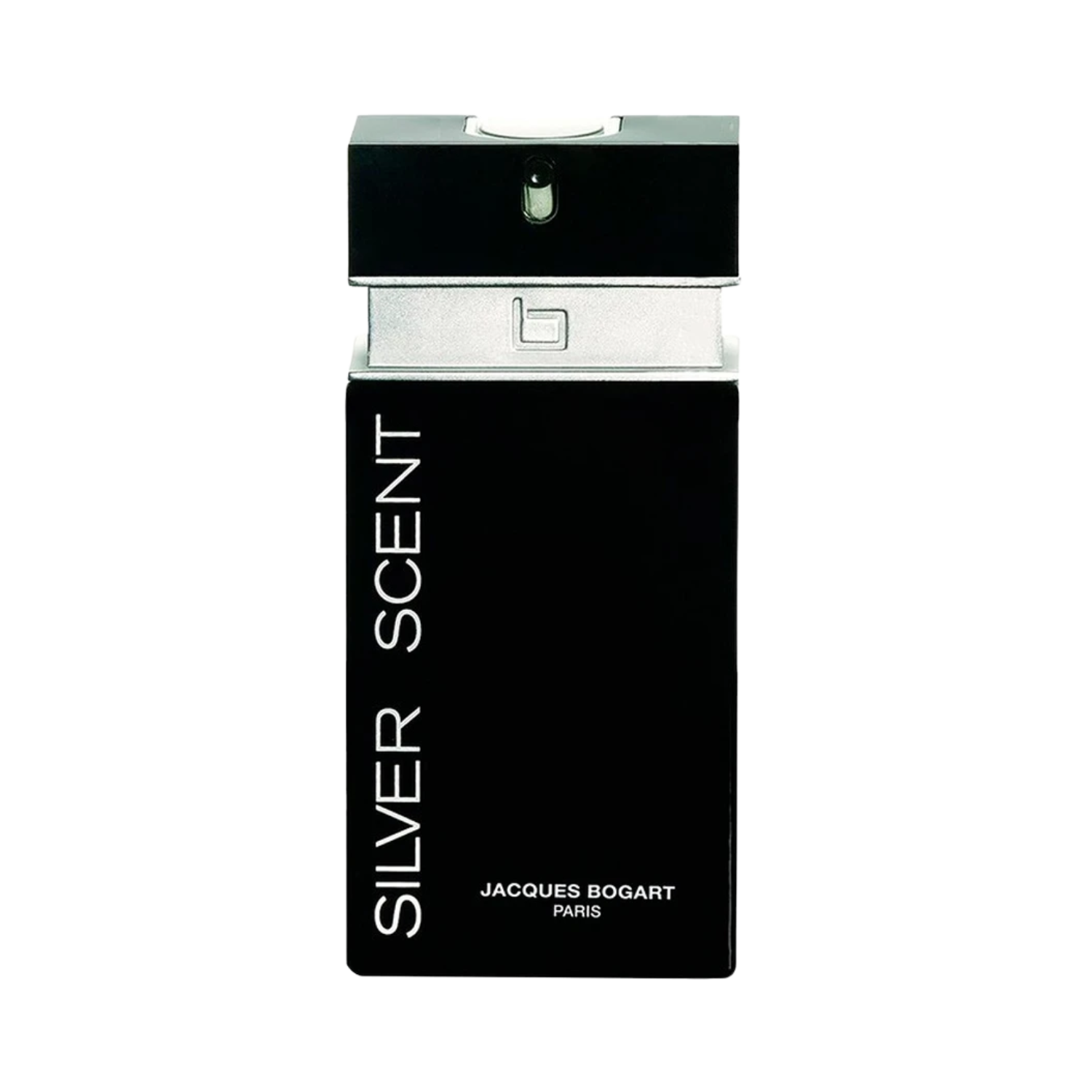 Frasco do perfume masculino Silver Scent Jacques Bogart Eau de Toilette com design retangular preto fosco, topo prateado com detalhe quadrado e logotipo da marca, e nome "SILVER SCENT" em letras brancas verticais.