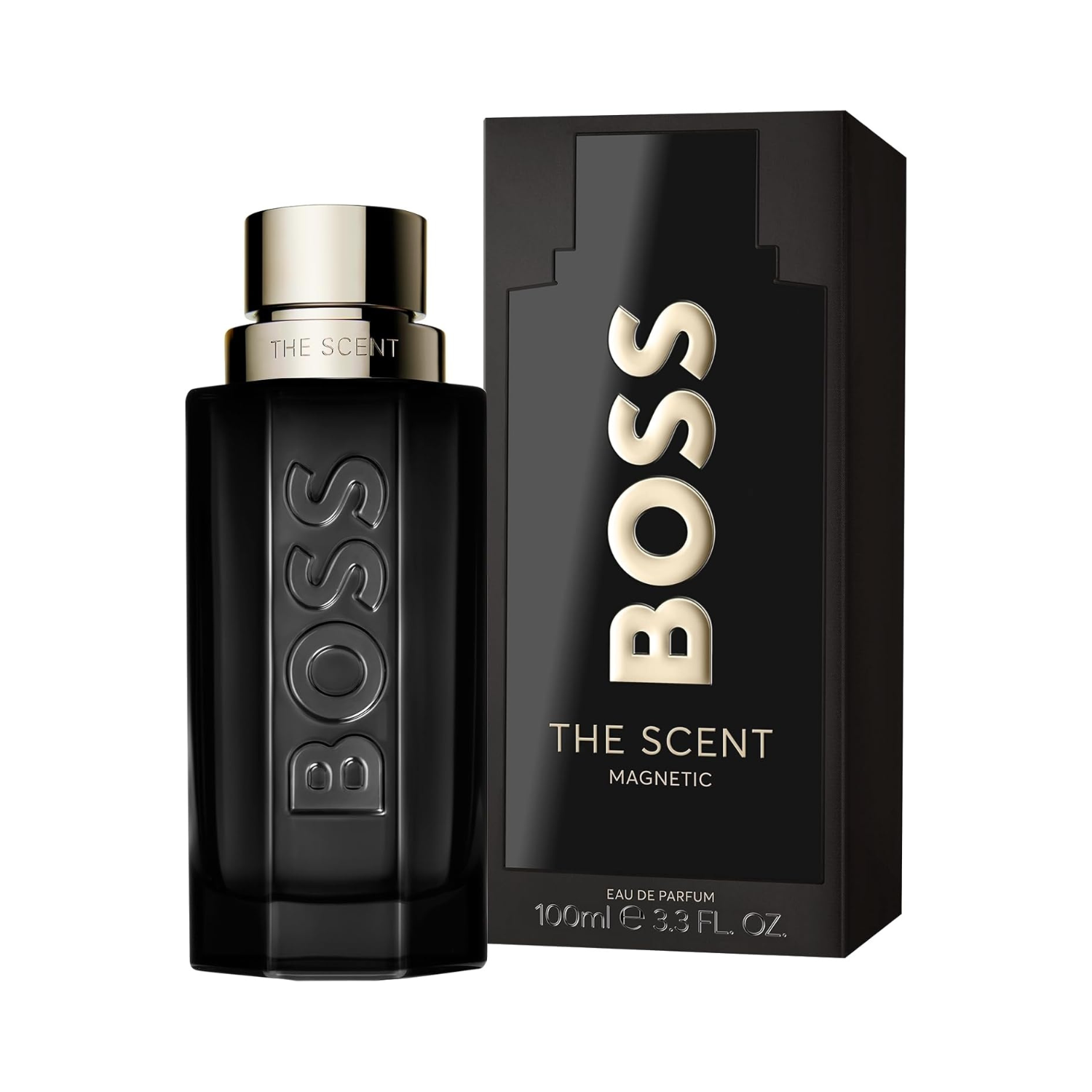 Frasco do perfume Boss The Scent Magnetic da Hugo Boss com sua caixa preta elegante ao lado, apresentados sobre fundo branco limpo.