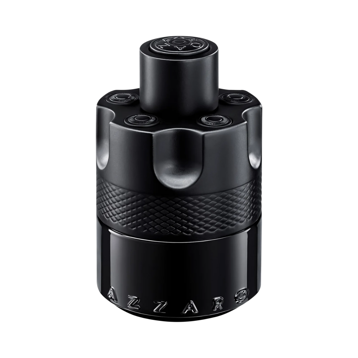 Frasco do perfume masculino The Most Wanted Azzaro Eau de Parfum Intense com design de tambor de revólver, corpo em vidro preto fosco e lacrado, com as palavras "AZZARO" em relevo na base. A tampa é preta e cilíndrica, com um anel de aço e uma estrela com um alvo gravado.