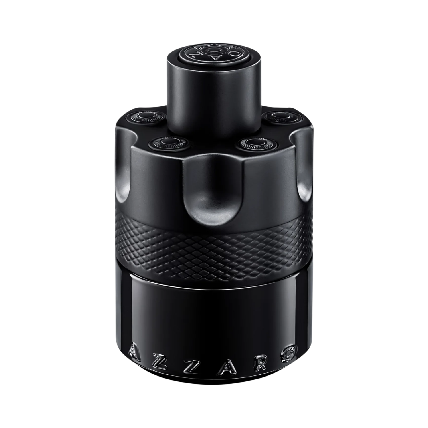 Frasco do perfume masculino The Most Wanted Azzaro Eau de Parfum Intense com design de tambor de revólver, corpo em vidro preto fosco e lacrado, com as palavras "AZZARO" em relevo na base. A tampa é preta e cilíndrica, com um anel de aço e uma estrela com um alvo gravado.