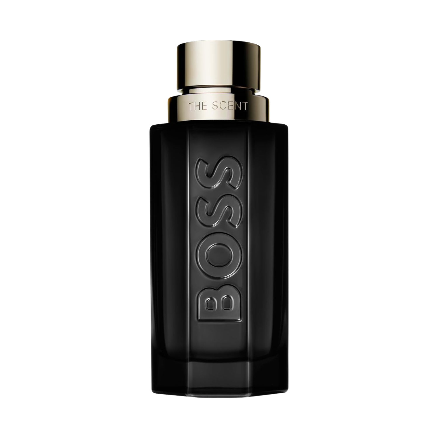 Frasco masculino do perfume Boss The Scent Magnetic da Hugo Boss 100ml, com design preto elegante, acabamento fosco e tampa dourada metálica sobre fundo branco.