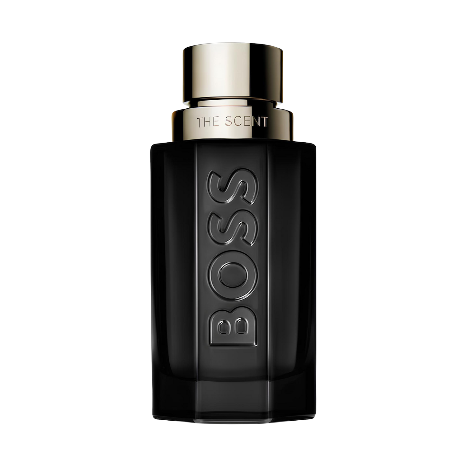 Frasco masculino do perfume Boss The Scent Magnetic da Hugo Boss 50ml, com design preto elegante, acabamento fosco e tampa dourada metálica sobre fundo branco.