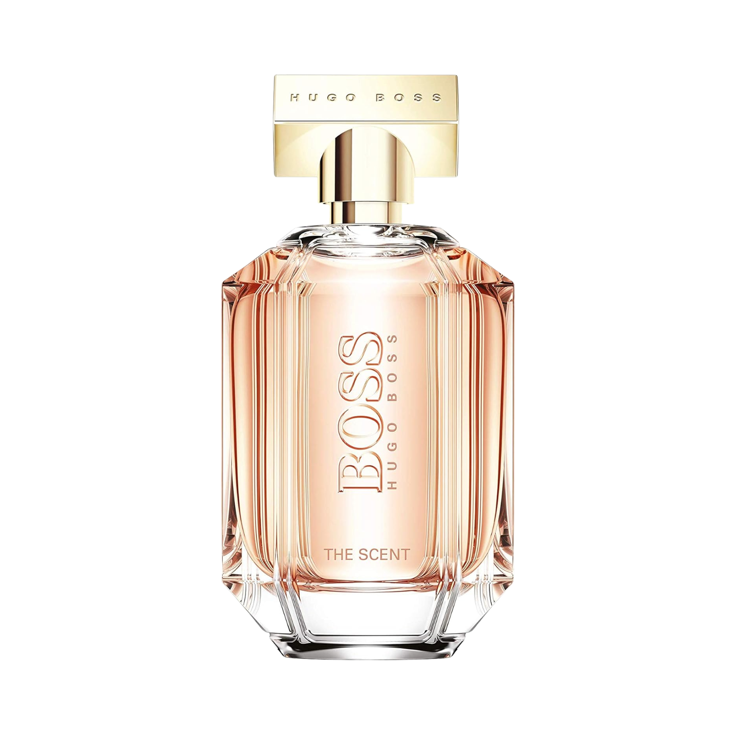 Frasco do perfume feminino The Scent for Her Boss Eau de Parfum 100ml com design facetado em vidro transparente e líquido em tom pêssego/rosado, com o nome "BOSS HUGO BOSS" e "THE SCENT" gravados verticalmente. A tampa é dourada, retangular e apresenta o nome "HUGO BOSS" em relevo.