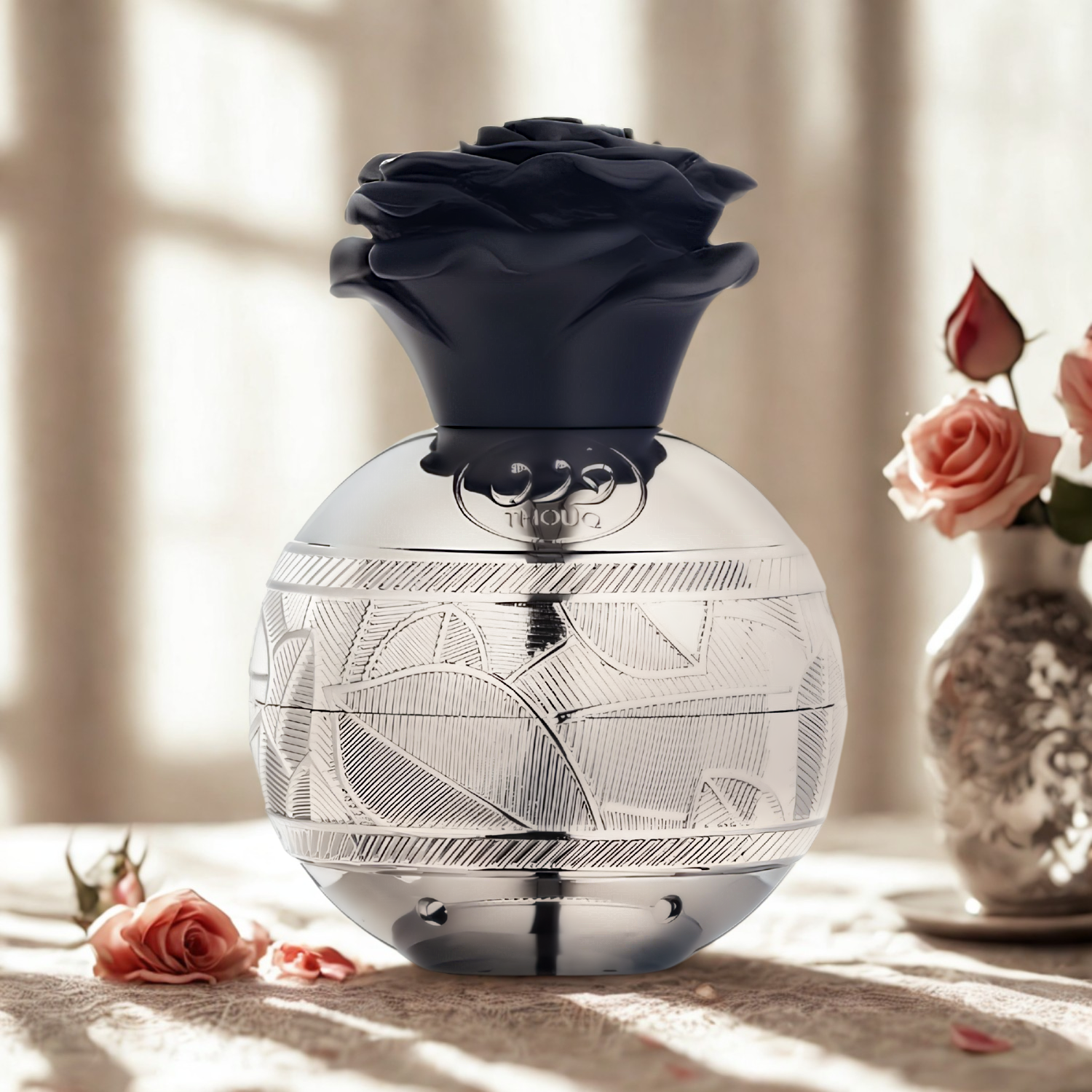Perfume árabe unissex Thouq Lattafa, disponível na Velyre, sobre superfície clara com rosas em tons suaves ao fundo, transmitindo elegância e romantismo.