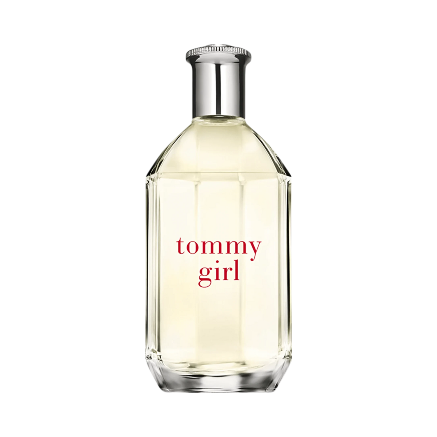 Frasco do perfume feminino Tommy Girl Tommy Hilfiger Eau de Toilette com design retangular clássico em vidro transparente e líquido amarelo pálido. O nome "tommy girl" está em vermelho na frente. A tampa é prateada e cilíndrica, com um anel superior texturizado.