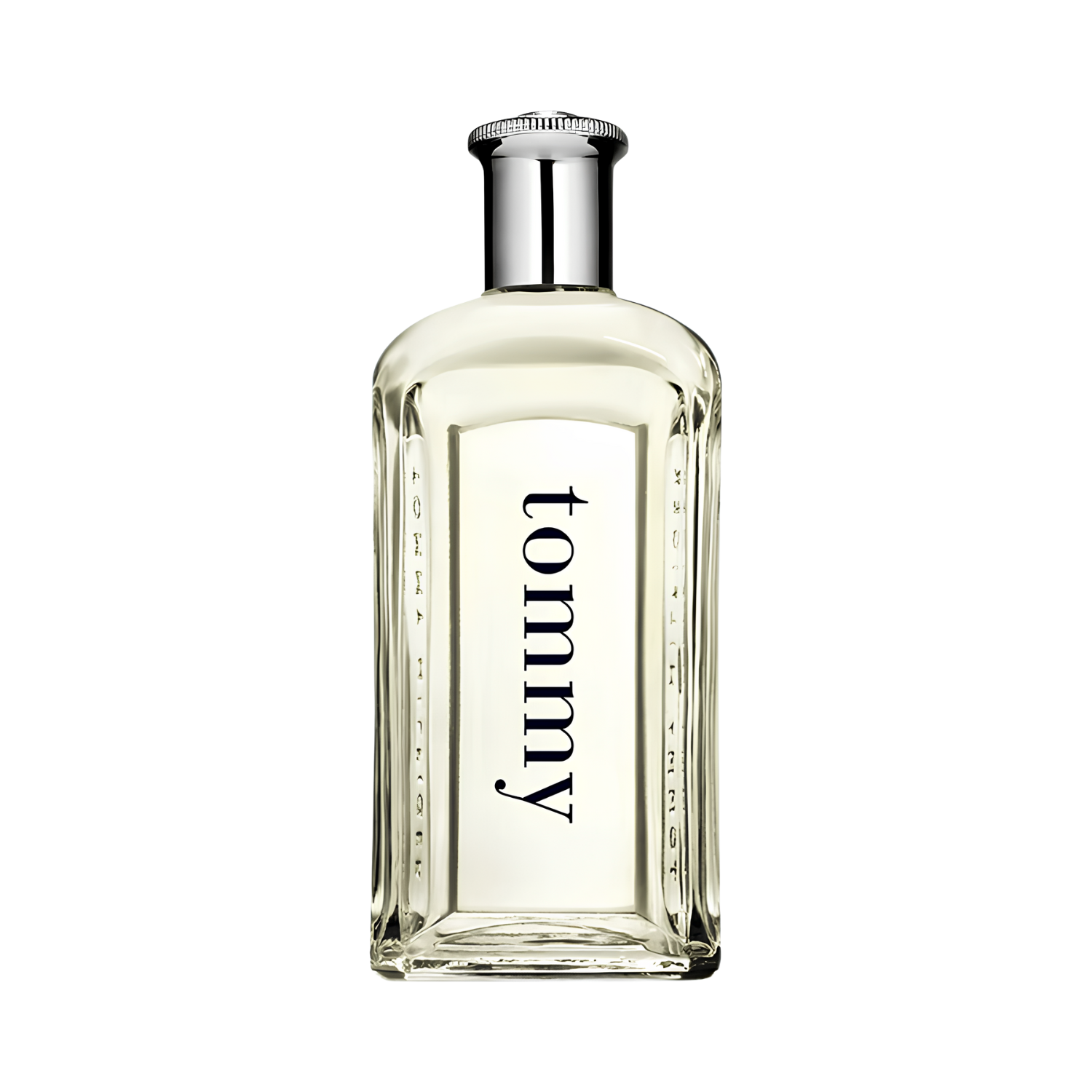 Frasco do perfume masculino Tommy Men Tommy Hilfiger Eau de Toilette com design retangular clássico em vidro transparente, com o nome "Tommy" em azul verticalmente. A tampa é prateada e cilíndrica, com um detalhe em relevo na parte superior.
