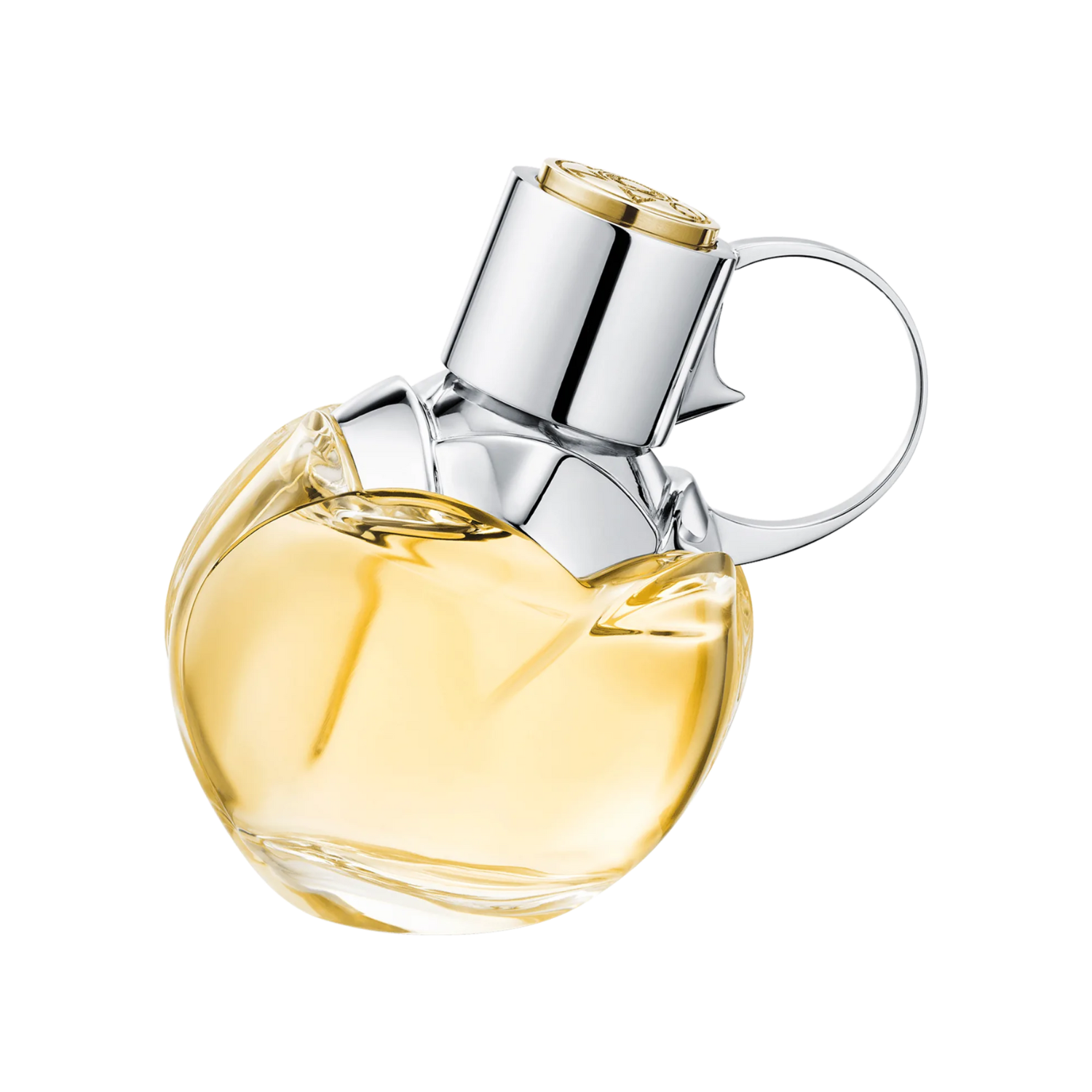 Frasco do perfume feminino Wanted Girl Azzaro Eau de Parfum 30ml com design único em formato de revólver com curvas femininas em vidro transparente e líquido amarelo dourado. Possui detalhes prateados brilhantes na tampa, gatilho e cano, com o logo da Azzaro gravado.