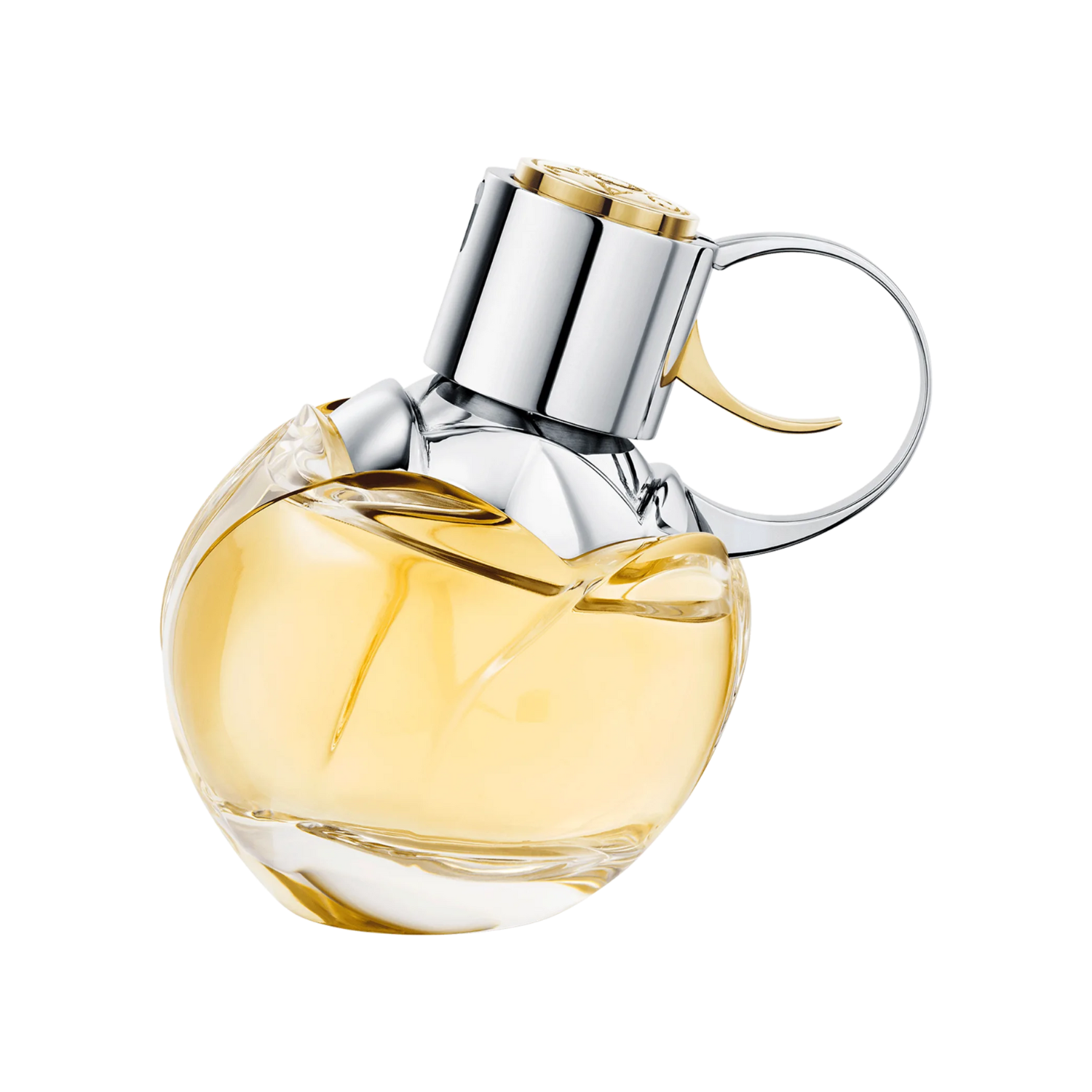 Frasco do perfume feminino Wanted Girl Azzaro Eau de Parfum 50ml com design único em formato de revólver com curvas femininas em vidro transparente e líquido amarelo dourado. Possui detalhes prateados brilhantes na tampa, gatilho e cano, com o logo da Azzaro gravado.