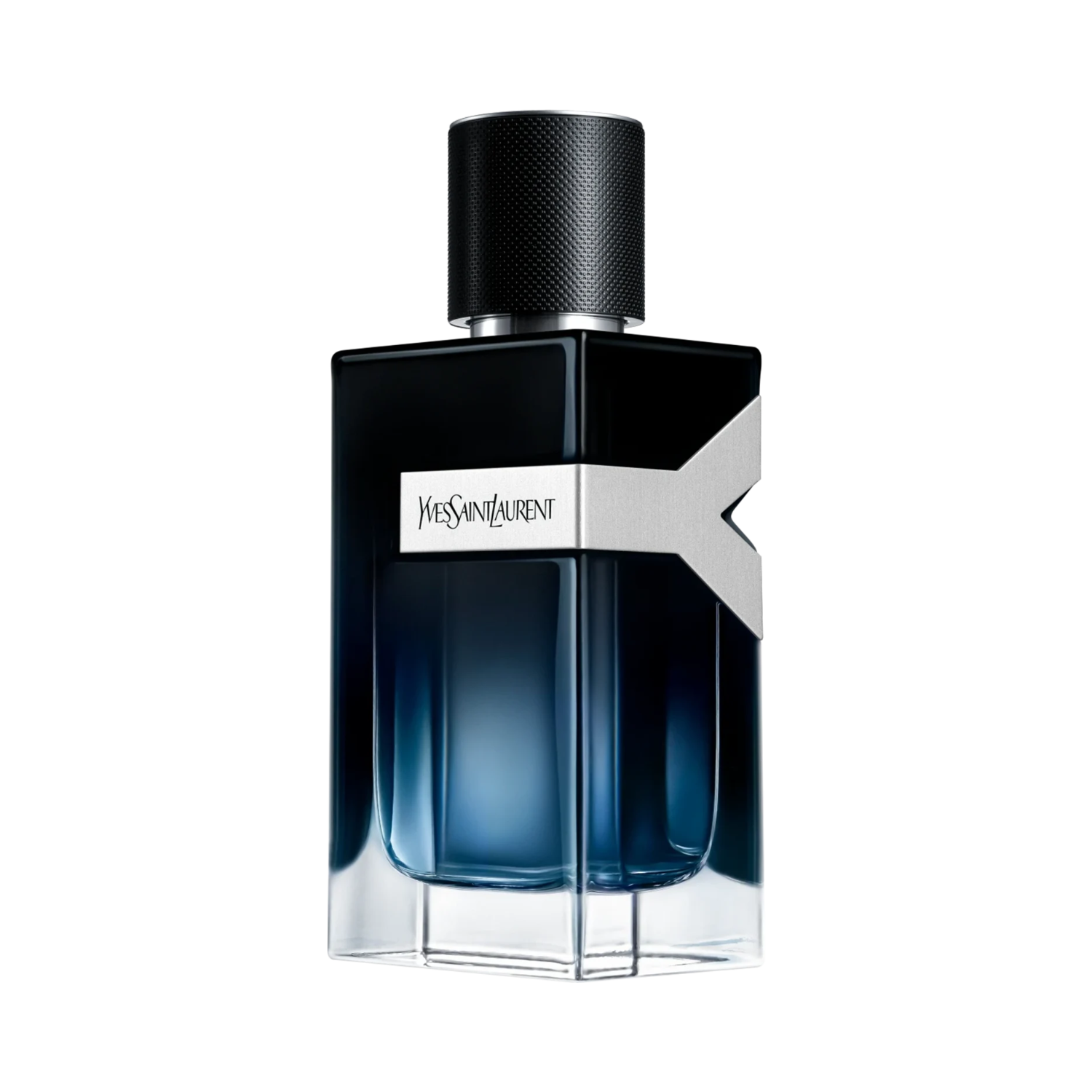 Frasco do perfume masculino Y Yves Saint Laurent Eau de Parfum com design retangular moderno em vidro degradê de azul escuro para transparente, com um logo prateado em formato de "Y" na lateral. A tampa é preta texturizada.
