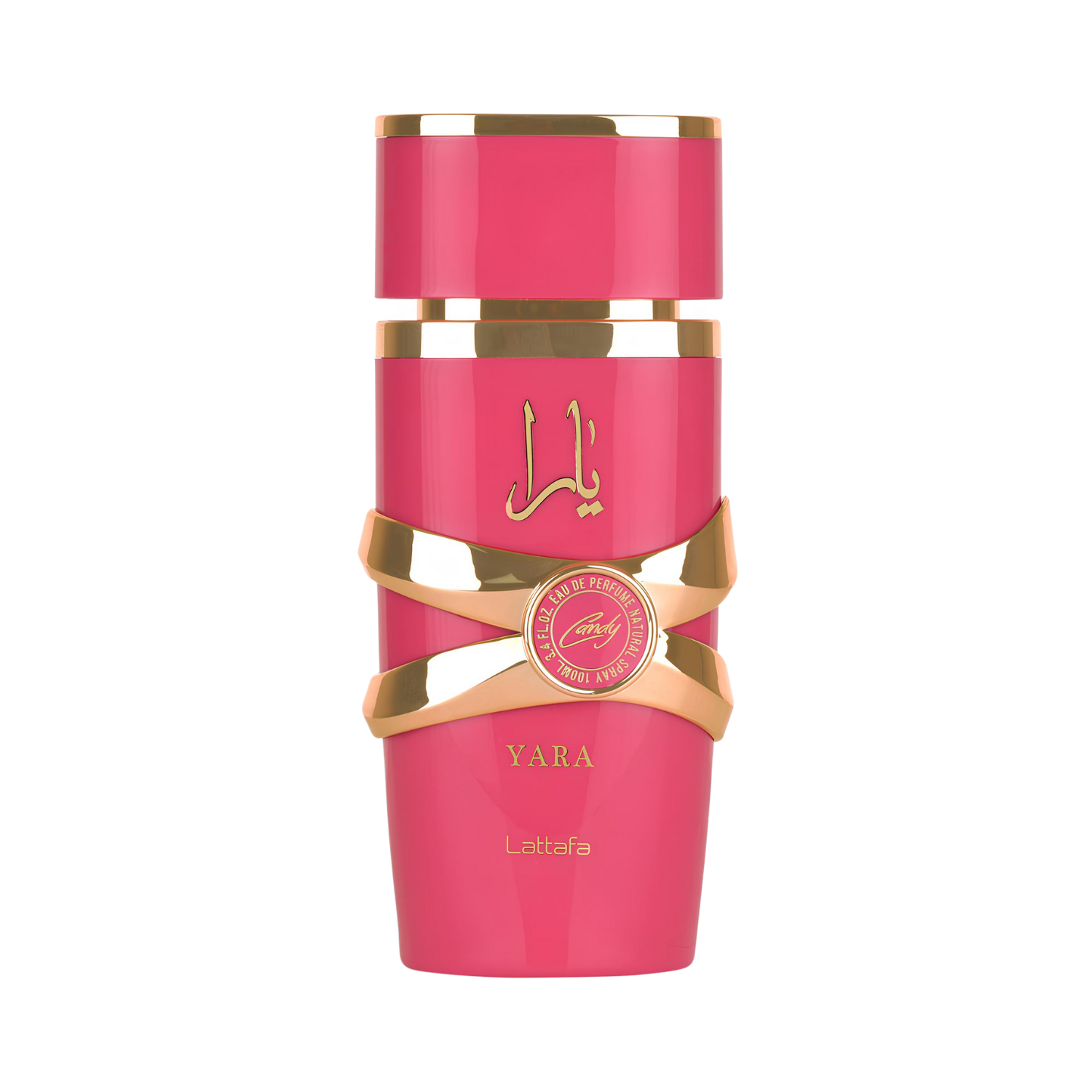 Frasco do perfume árabe feminino Yara Candy Lattafa Eau de Parfum, vendido na Velyre, em rosa vibrante com detalhes dourados e medalhão central “Candy”.